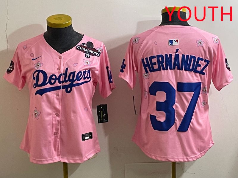 Youth Los Angeles Dodgers #37 Hernandz Pink Sakura Edition 2025 Nike MLB Jersey style 36
